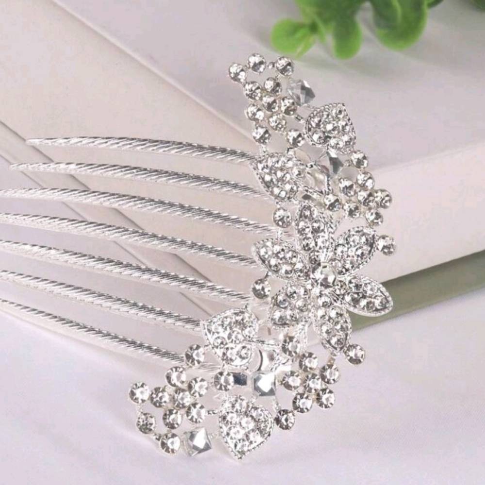 Bridal Hair Comb Silver Floral Rhinestone Wedding Hair Comb